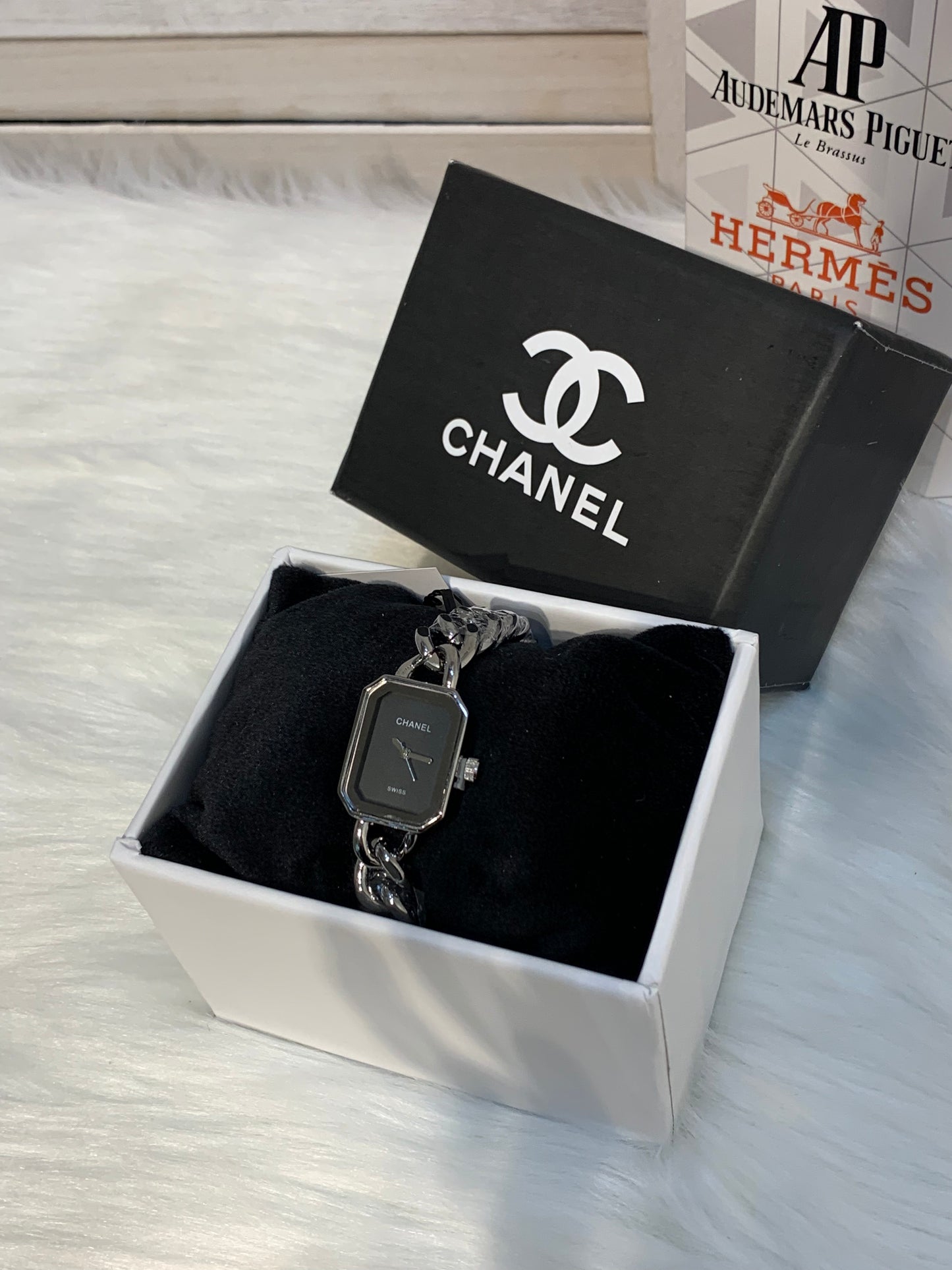 Chanel watch, silver and black, with box