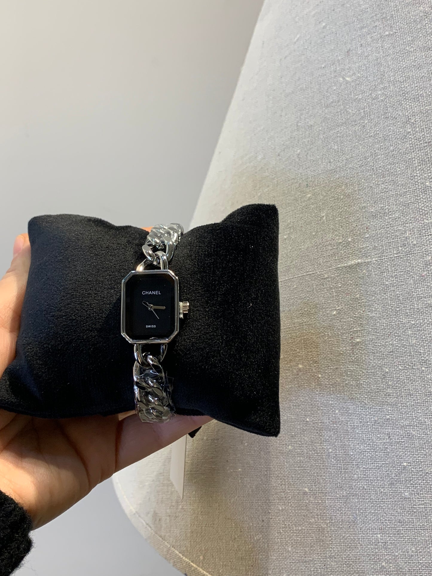 Chanel watch, silver and black, with box